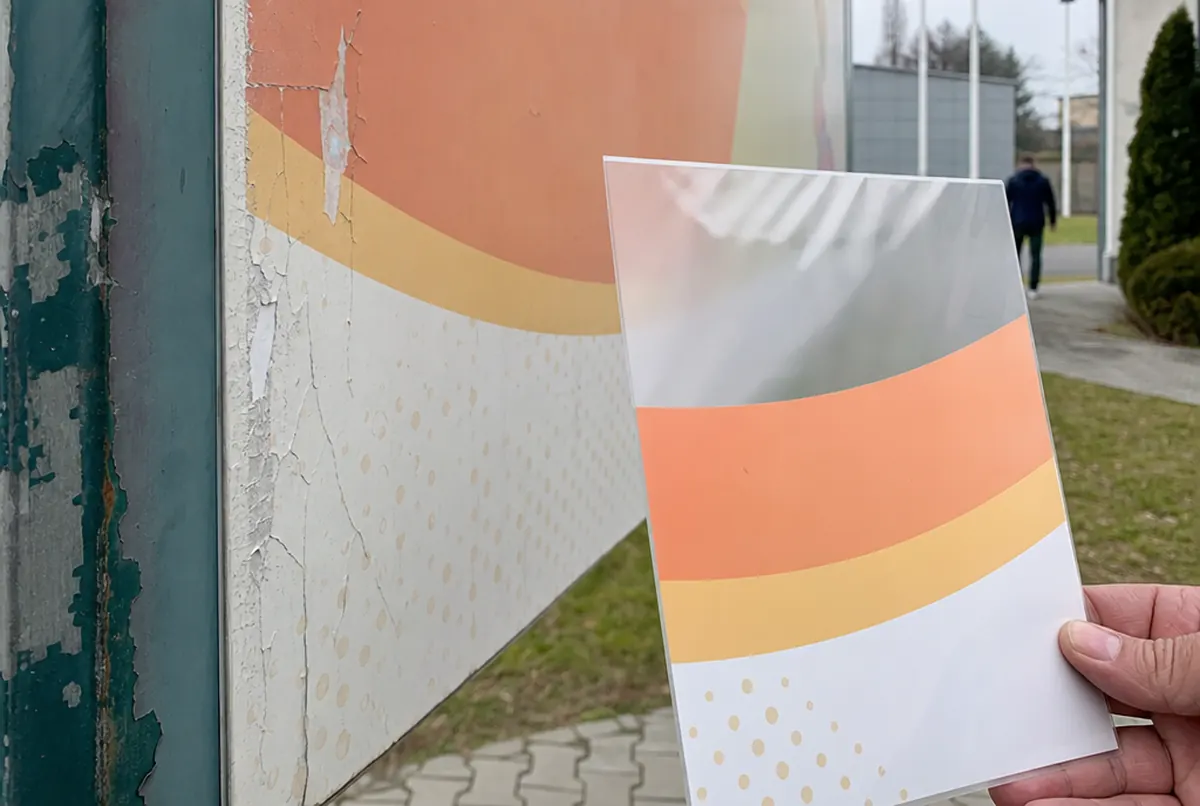 Faded corner of a sign and a sample of anti-graffiti laminate in a hand