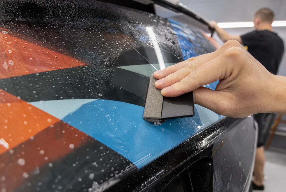 Felt-edged squeegee pushing an air bubble out from under vinyl