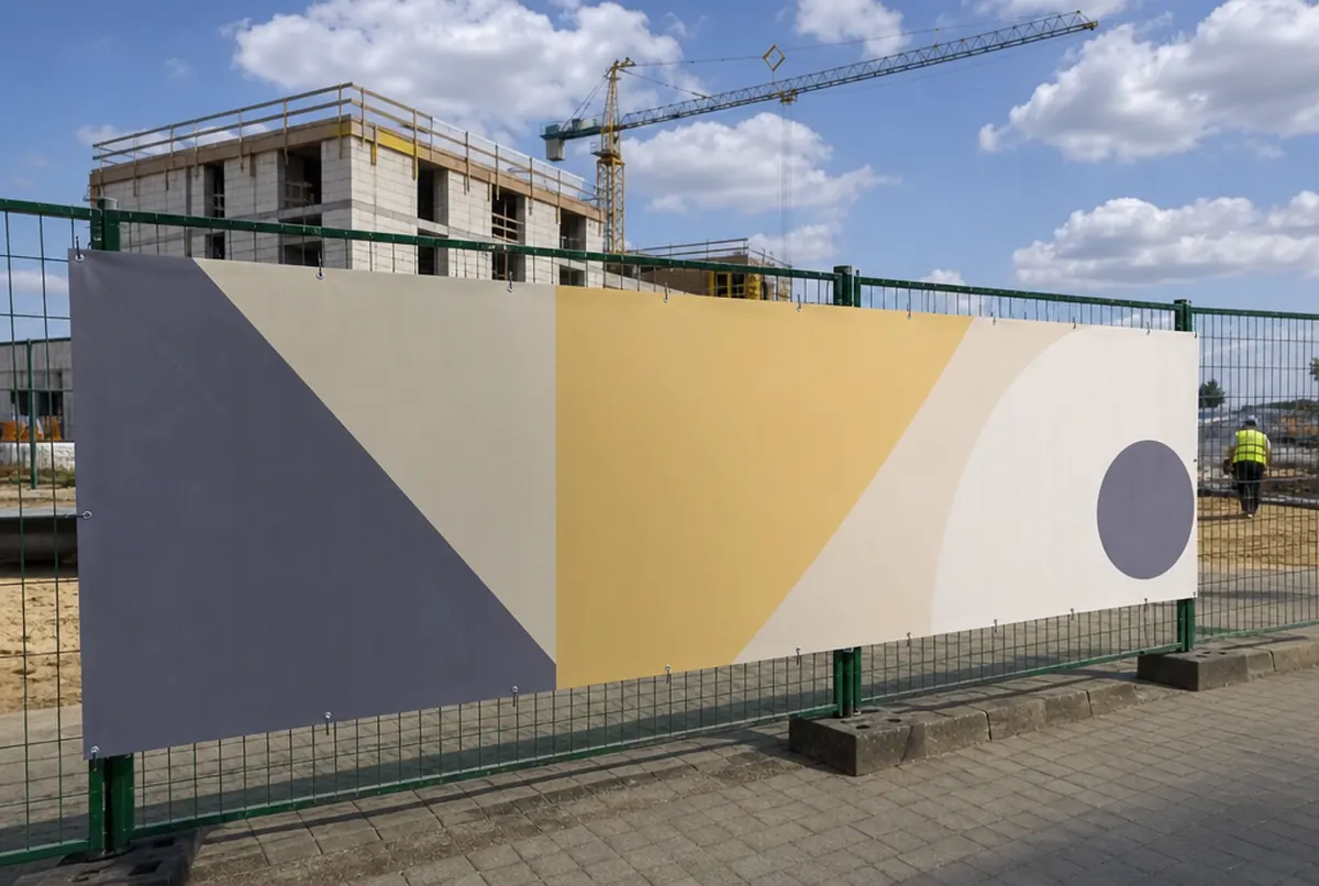 Bâche tendue sur la clôture d’un chantier de logements par un jour de vent