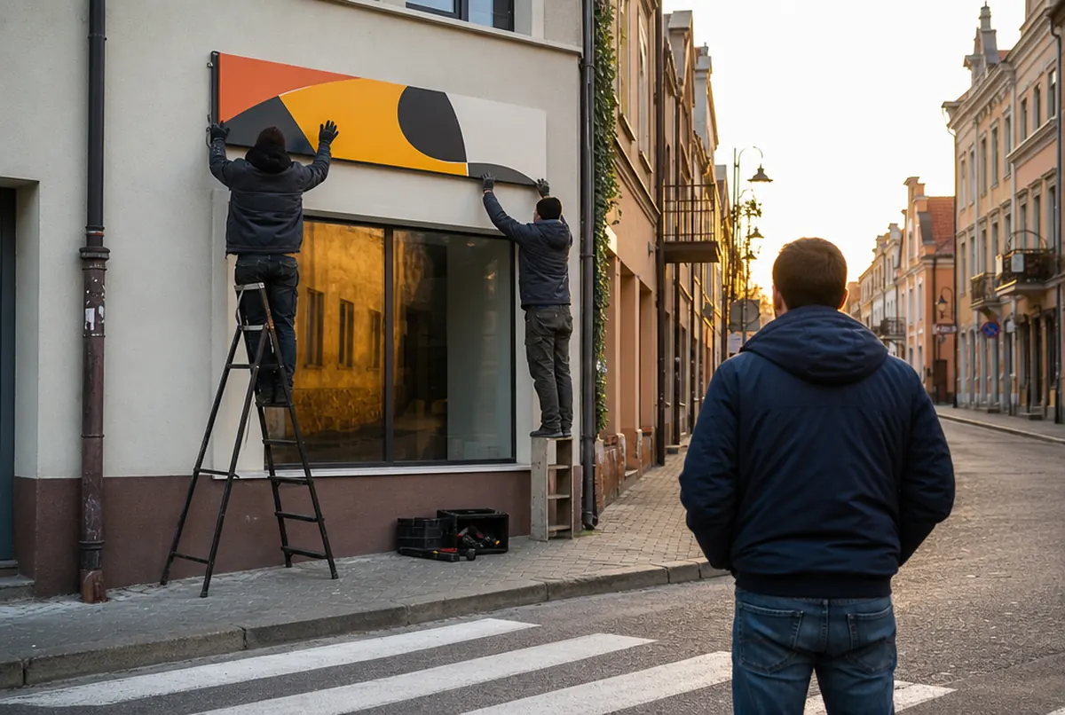 A crew finishing a shop sign installation while the client watches from the pavement