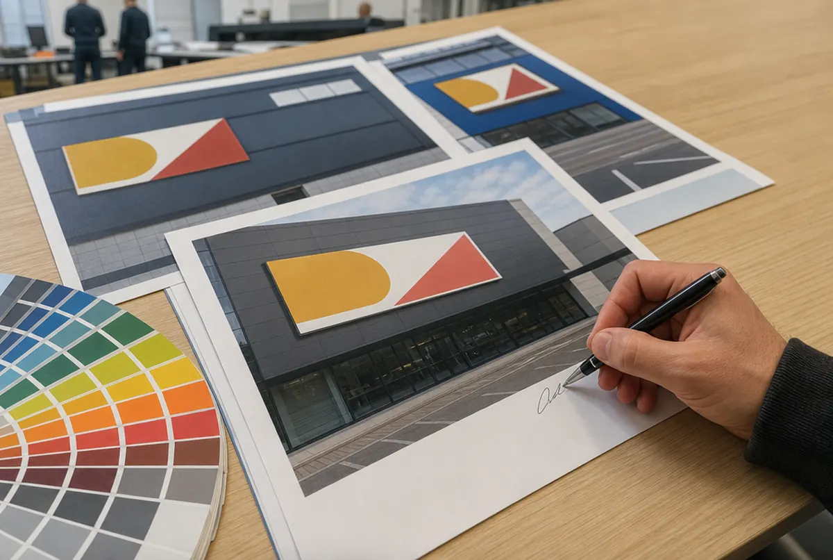 A hand signing off a printed visualisation of signage on a facade