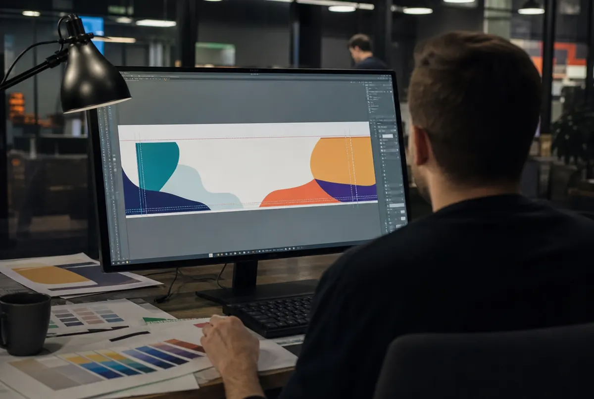 Designer preparing a banner layout with bleed lines on a large monitor