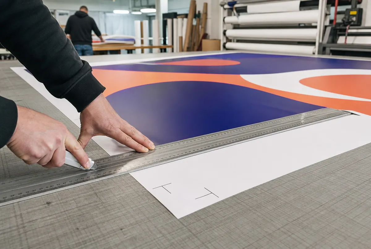 Corner of a printed banner with crop marks and a ruler