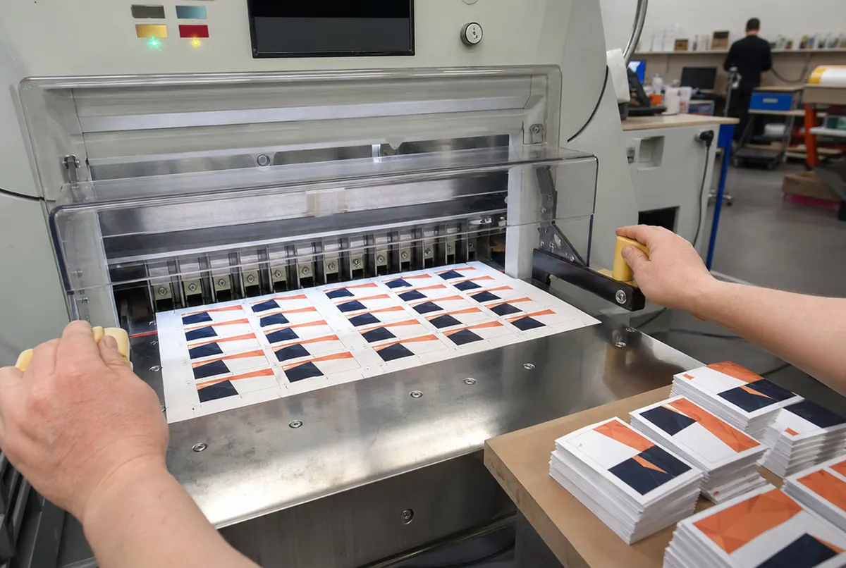 Massicot coupant une planche de cartes de visite selon les traits de coupe