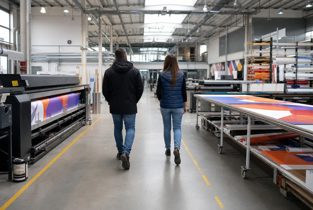 A client touring a large format print hall with a staff member