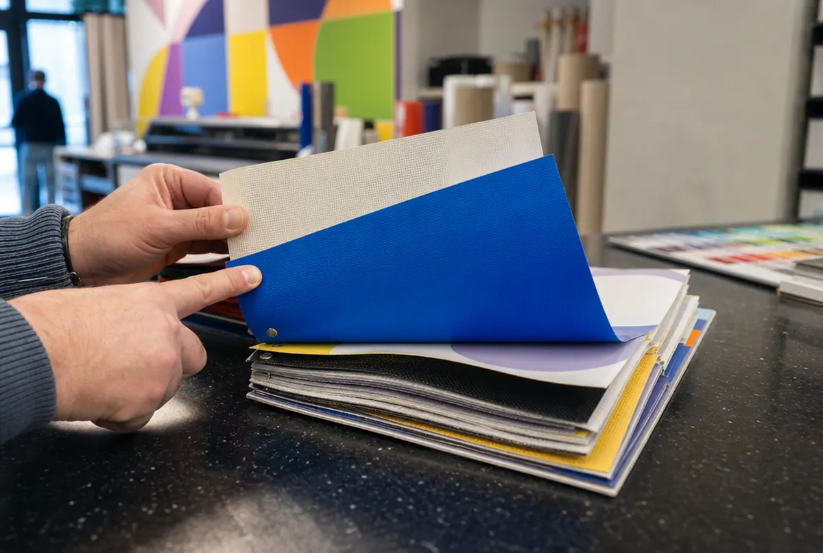 Hands browsing a sample book of banner and vinyl materials