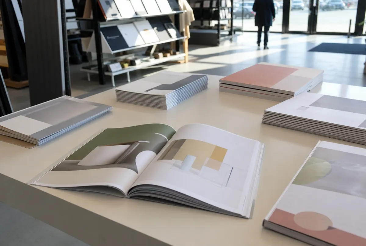 Drahtgeheftete und klebegebundene Firmenkataloge auf einem Tisch im Showroom