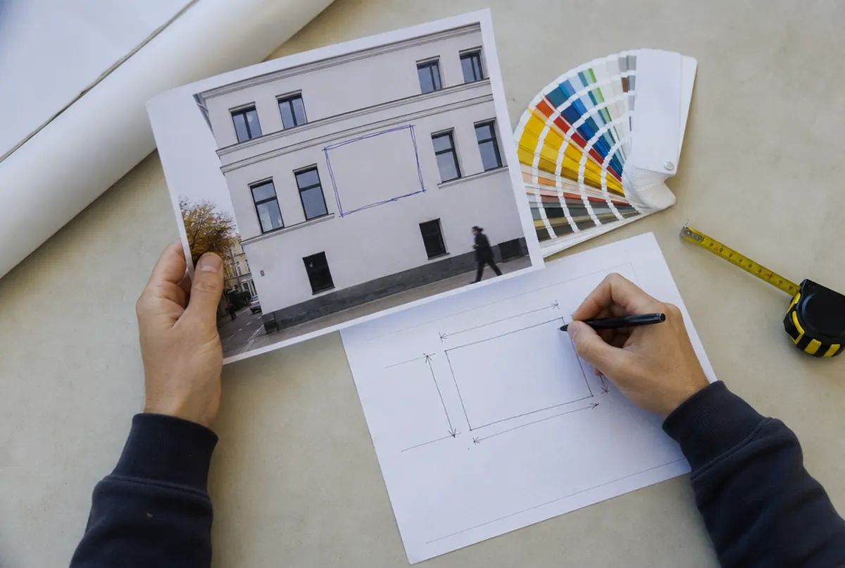 Foto einer Fassade, Maßskizze und Farbfächer auf dem Schreibtisch