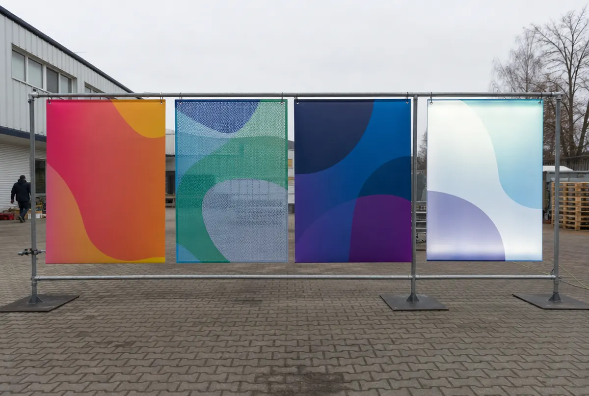 Vier Bannerarten nebeneinander an einem Gestell in der Druckerei