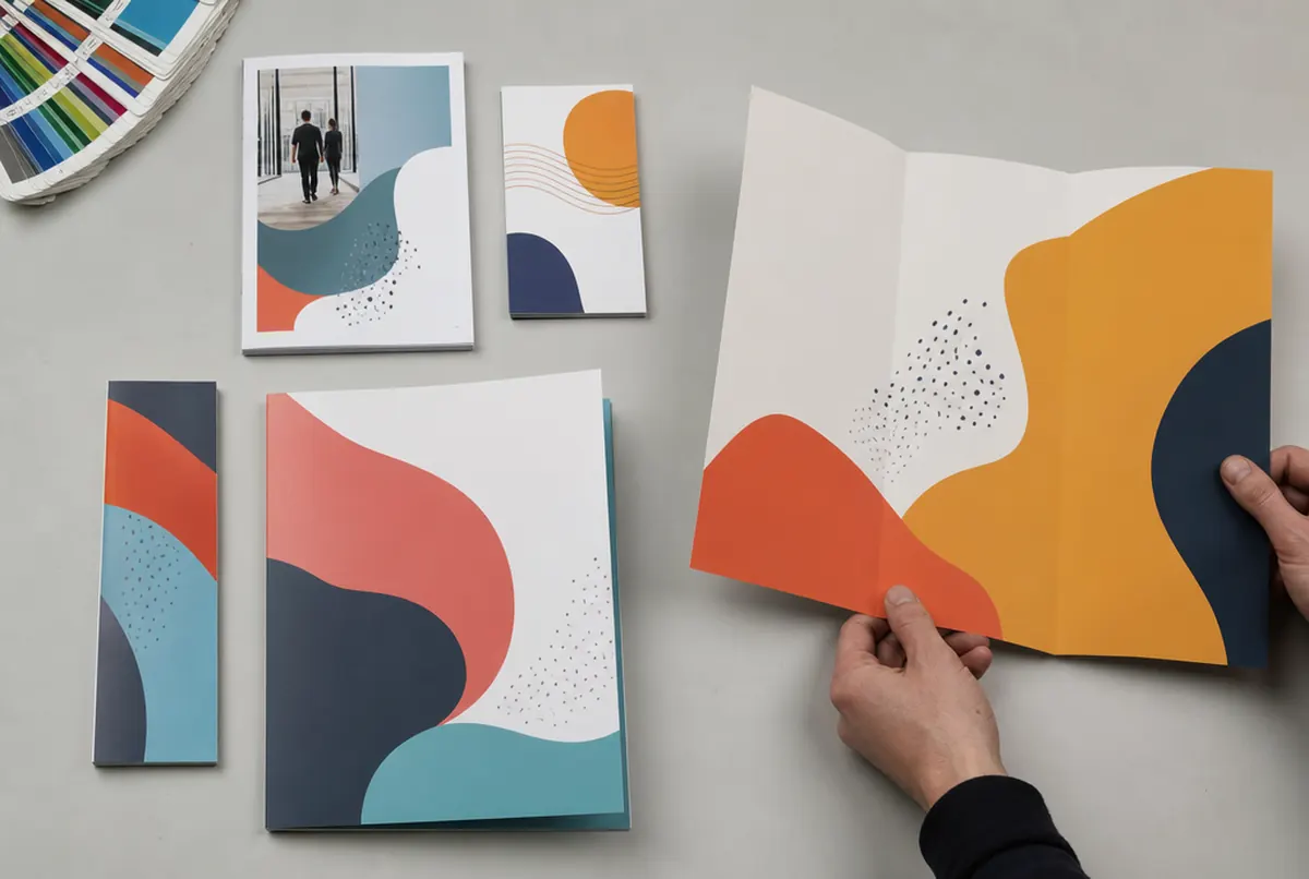 Flyers aux formats A6, A5, DL et dépliant vus du dessus sur une table
