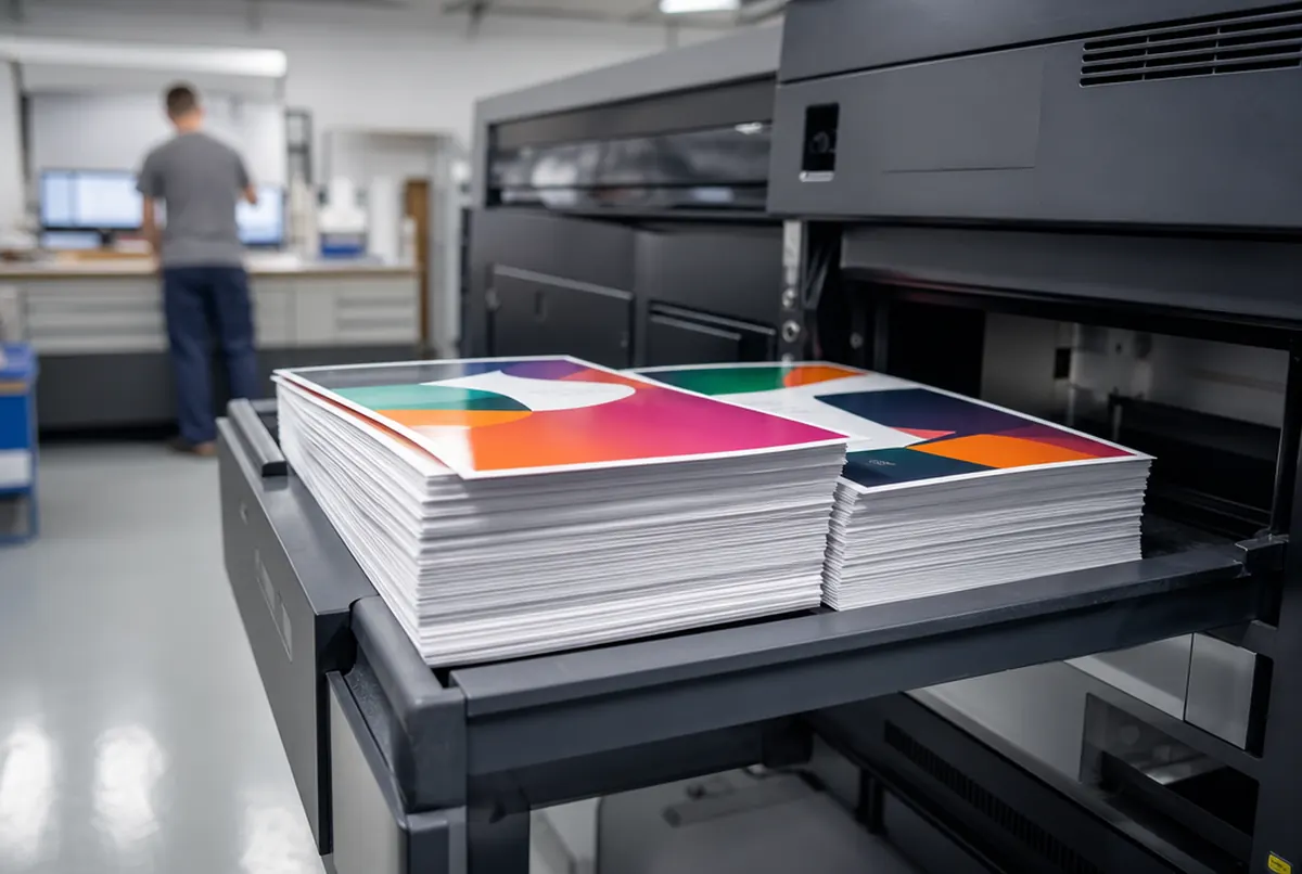 Freshly printed flyers in the delivery tray of a digital press