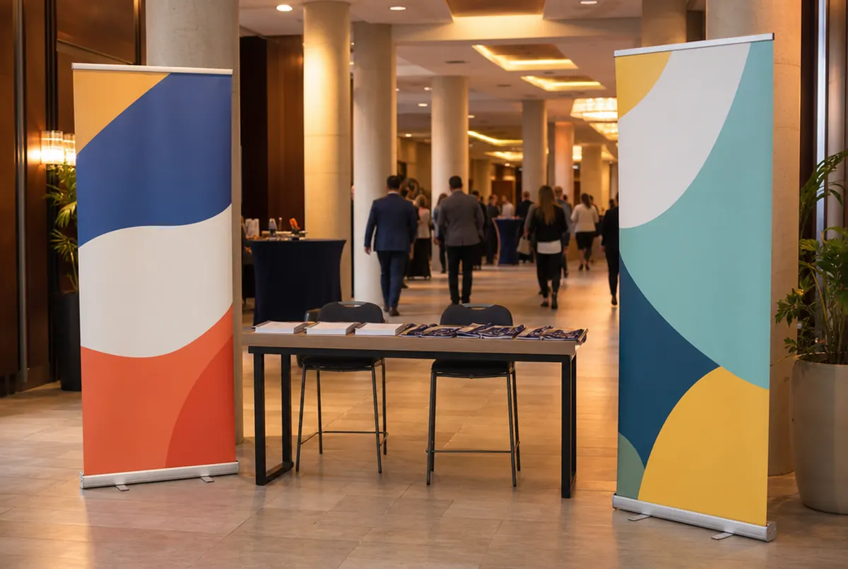 Zwei Roll-ups im Konferenzfoyer eines Hotels