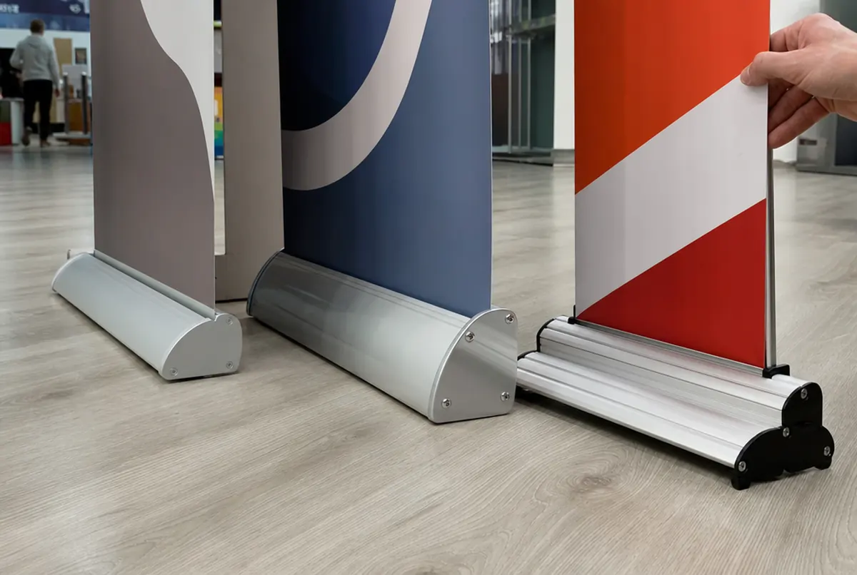 Verschiedene Roll-up-Kassetten auf dem Boden und eine Hand, die eine Grafik ausrollt