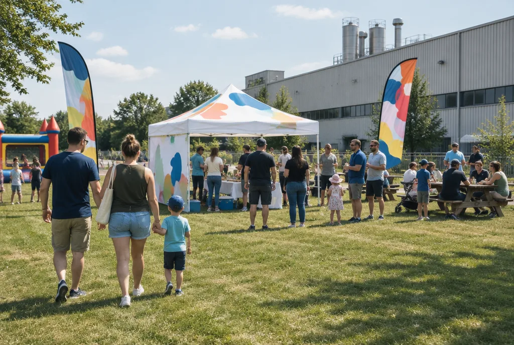 Picnic aziendale sul prato vicino allo stabilimento: gazebo pubblicitario, beach flag e ospiti visti da lontano