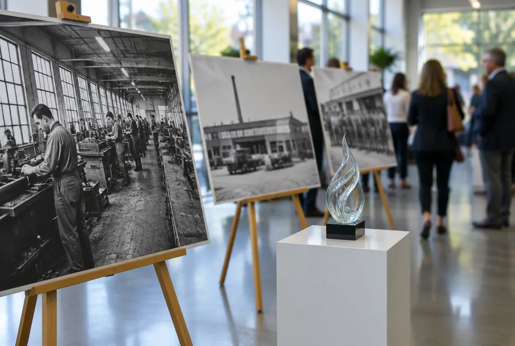 Mostra di pannelli con foto d'archivio dello stabilimento su cavalletti e un premio in vetro su un piedistallo