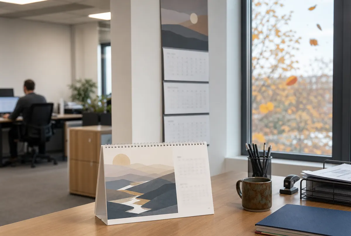 Desk calendar and three-month wall calendar in an office in autumn