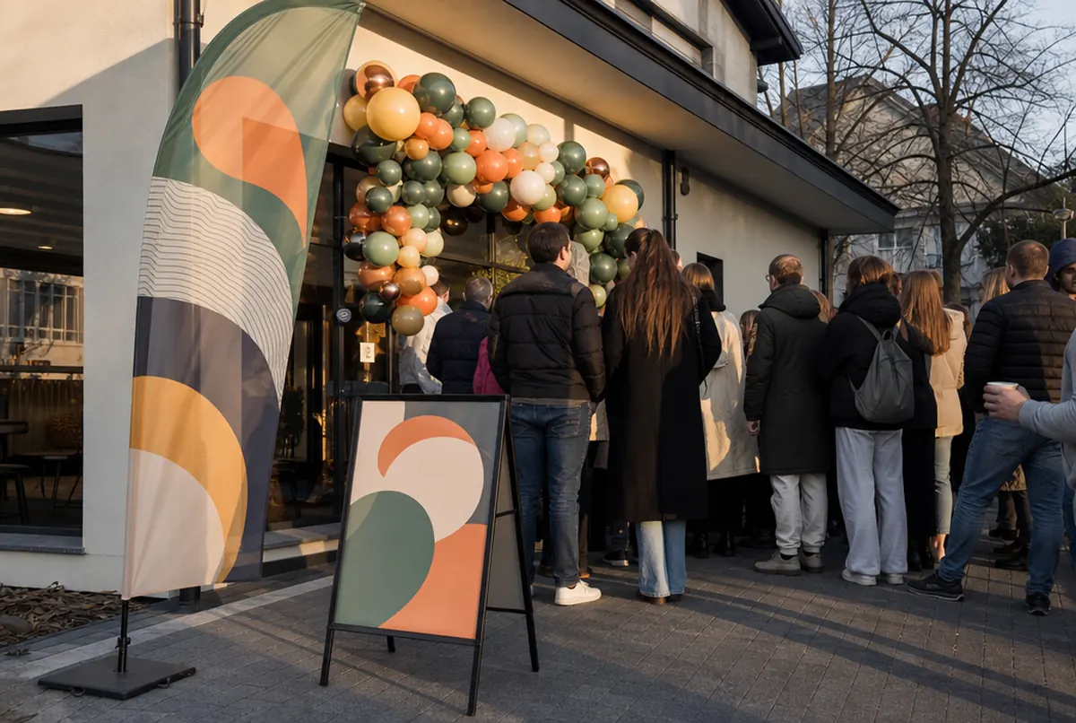Eröffnungstag eines Geschäfts mit Fahne, Luftballons und Kundenstopper