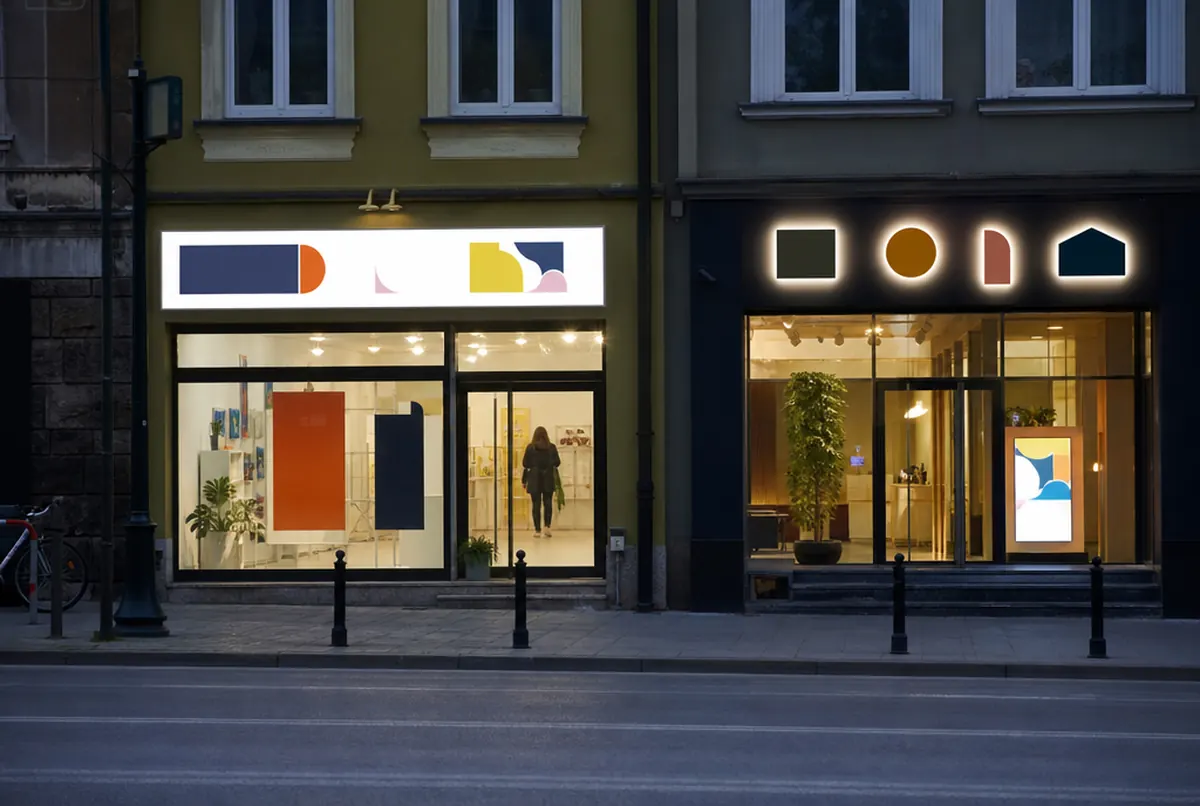 Two neighbouring shopfronts: one with a light box, the other with illuminated built-up letters