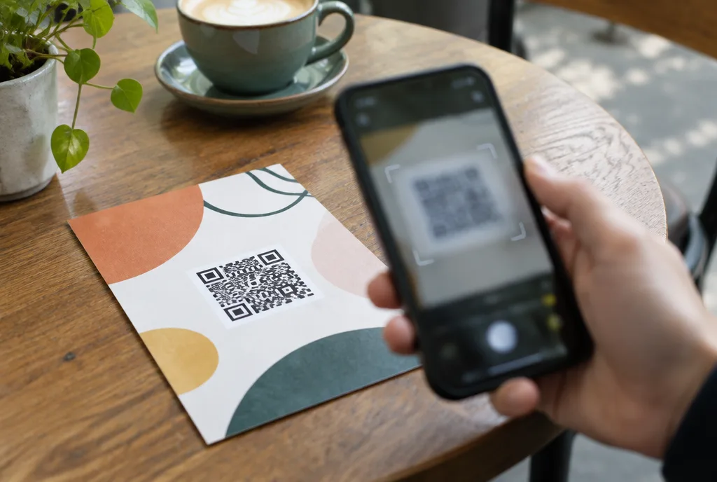 A hand with a smartphone scanning a QR code on a flyer lying on a café table, the phone screen out of focus
