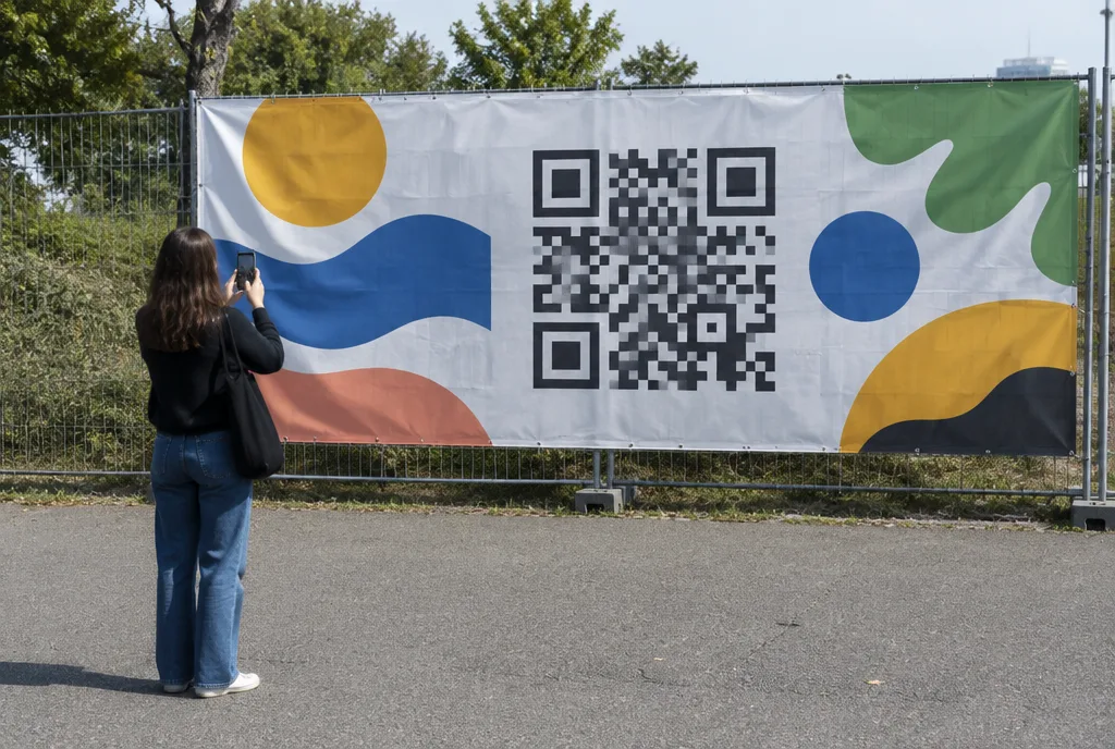 Large banner with a QR code on a fence, a person standing a few metres away scanning it with a phone, seen from behind