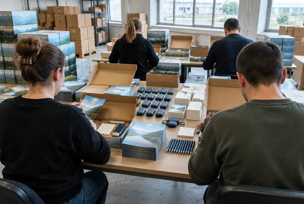Employés de dos assemblant des kits promotionnels à une table, insérant brochures et objets dans des boîtes