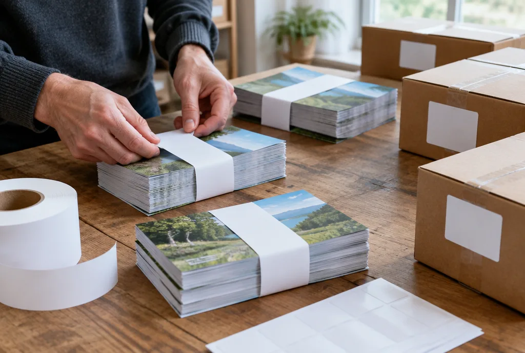 Mains banderolant des liasses de flyers et collant des étiquettes sur des cartons fermés sur une table d’emballage
