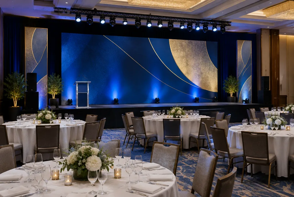 Hotelkonferenzsaal für eine Gala vorbereitet, mit großem Bühnenhintergrund, Rednerpult und runden Tischen