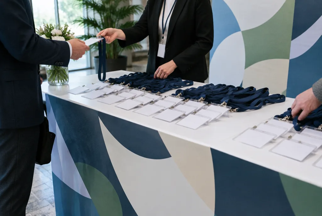 Registrierungstheke einer Konferenz mit bedruckter Front, Namensschildern und Lanyards, im Hintergrund eine Pressewand