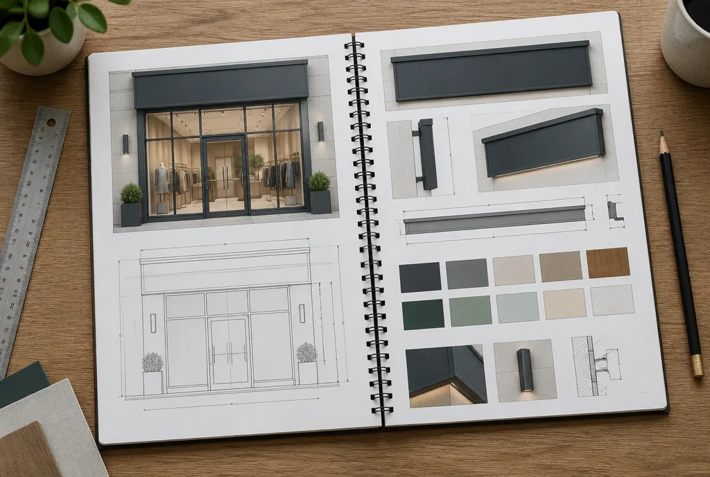 An open signage manual with technical drawings of a shop facade and sign, and colour swatches on a desk