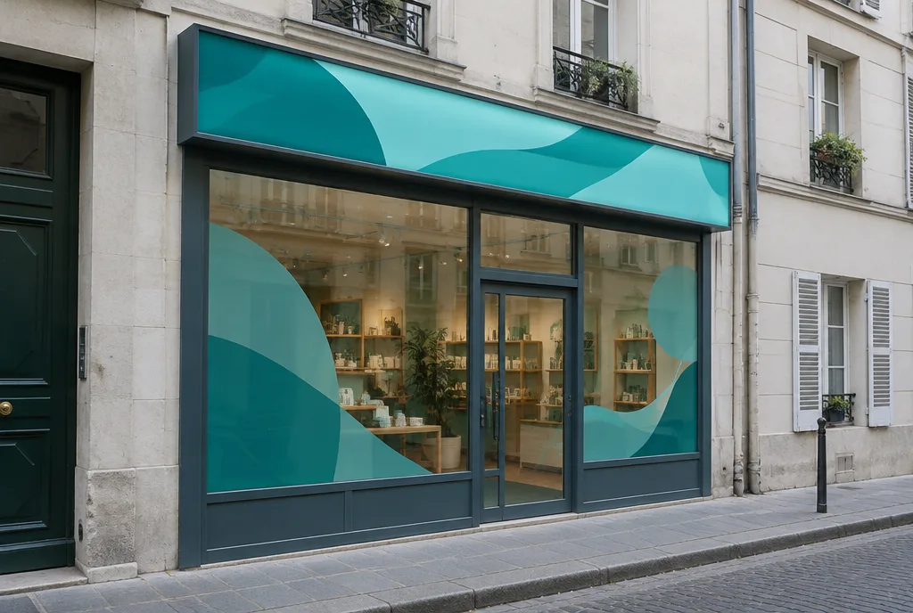A chain location with a standard light box on the facade and window graphics made to a common standard