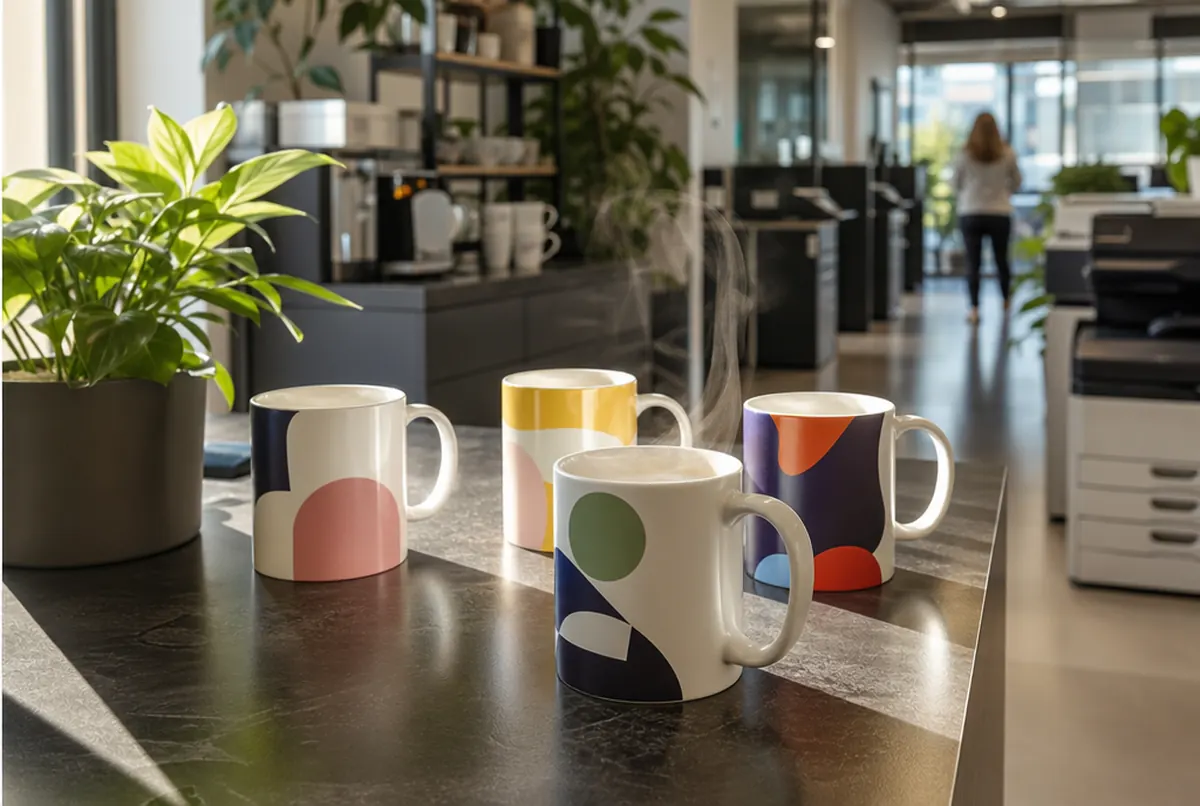 Printed mugs on a worktop in an office kitchen in the morning