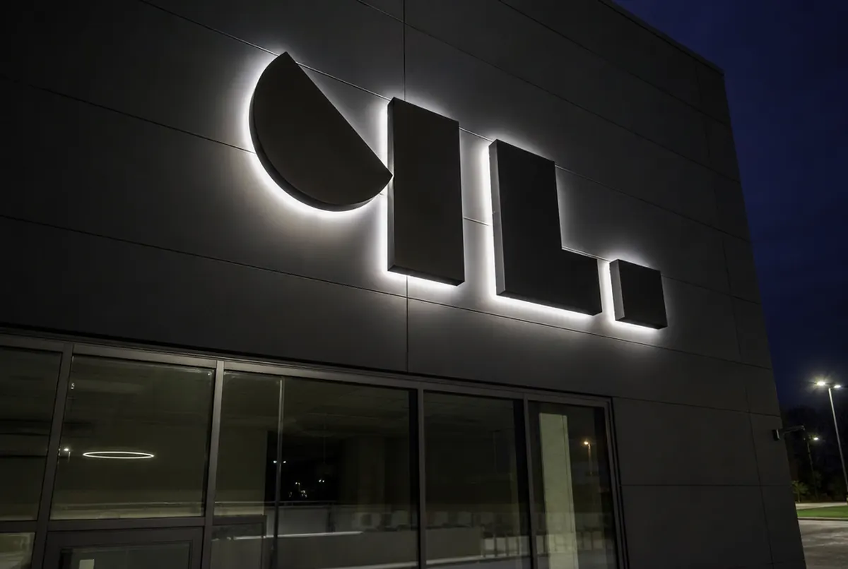 Letras corpóreas retroiluminadas con halo en una fachada gris grafito de noche