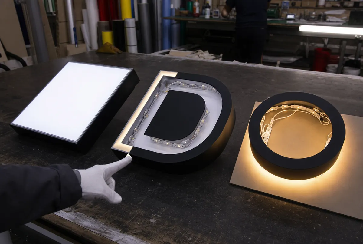 Tres muestras de letras: iluminación frontal, lateral y halo con los LED a la vista