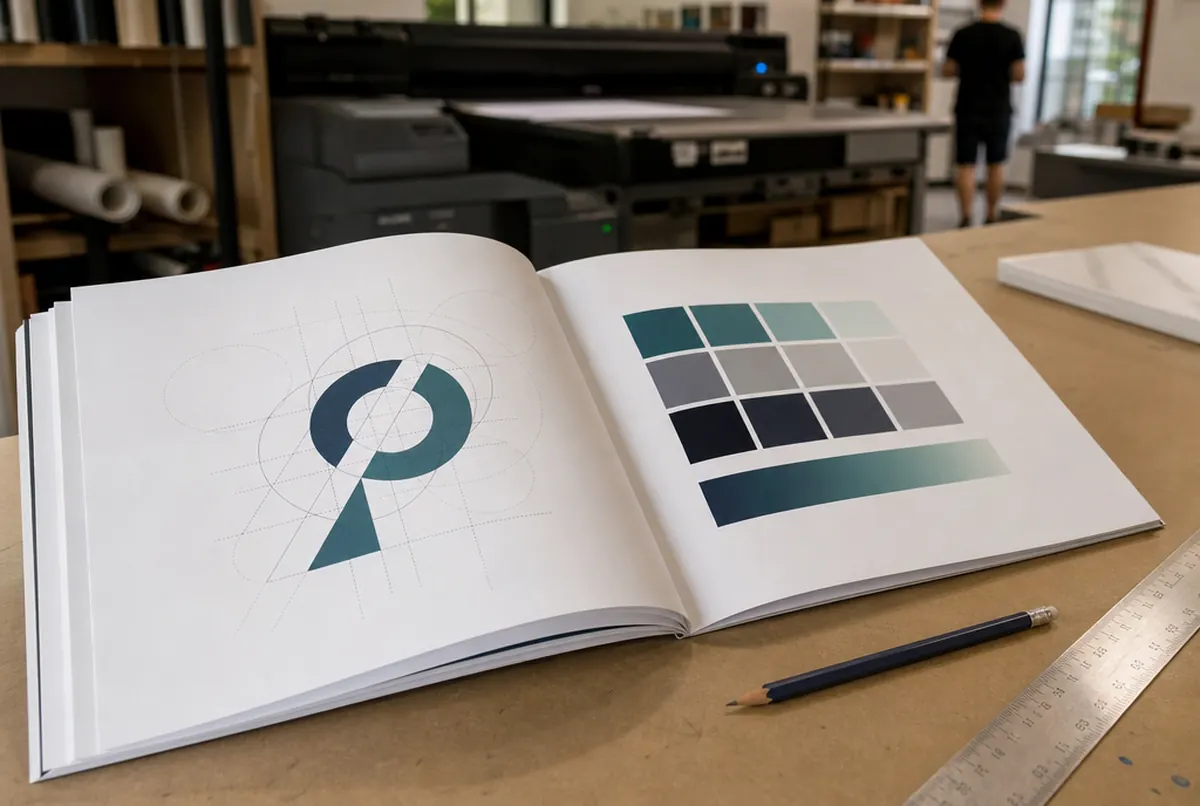 Aufgeschlagenes Designmanual mit Konstruktionsraster und Farbpalette