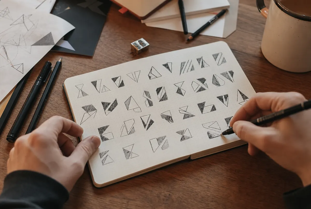 Hände skizzieren Logovarianten in einem Notizbuch