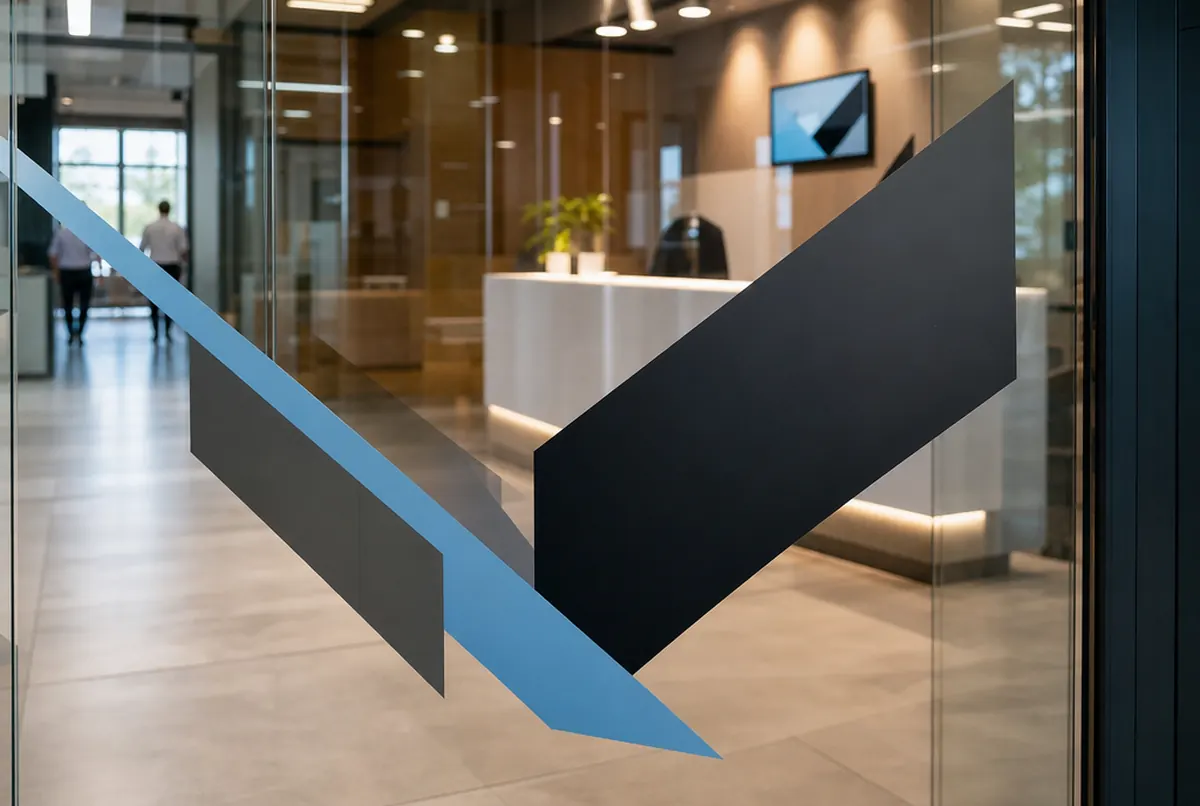 A crisp cut-vinyl mark on a glass wall in a lobby