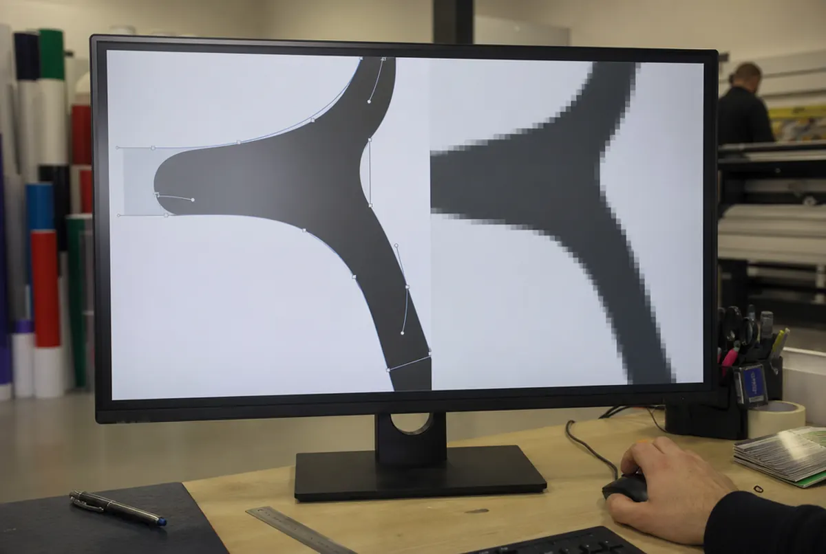 Vector paths next to a pixelated bitmap on a monitor
