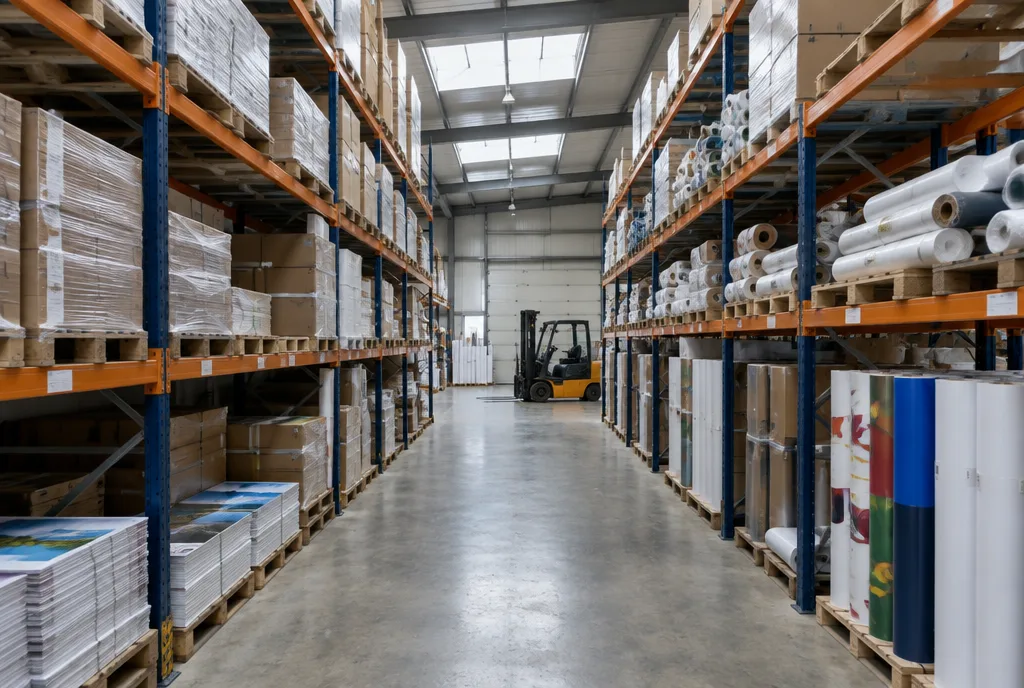 Corsia di un magazzino con scaffalature porta pallet piene di cartoni di materiali pubblicitari e striscioni arrotolati