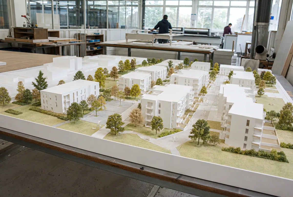 Architectural model of a housing scheme on a table in a bright studio