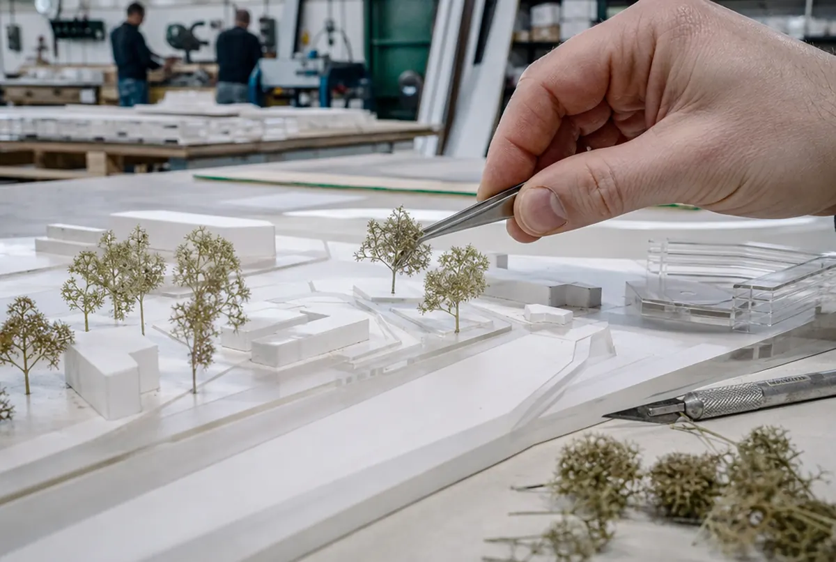 Tweezers placing a miniature tree on a scale model