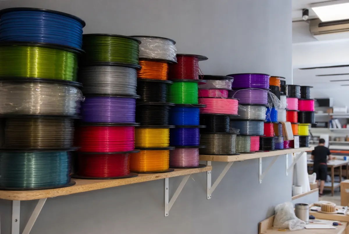 Bobinas de filamento para impresión 3D de varios colores en una estantería
