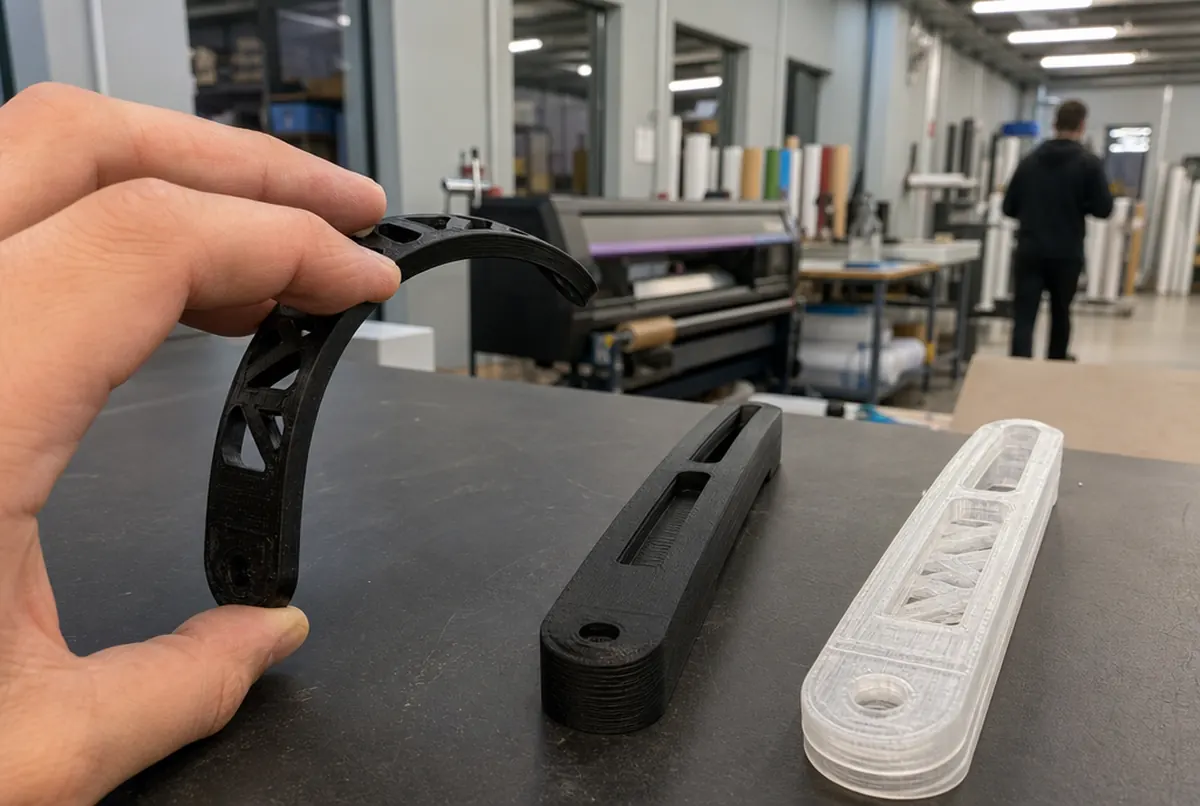 Mano doblando una pieza flexible de TPU junto a muestras rígidas