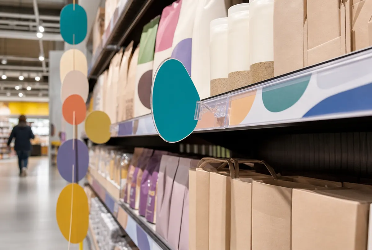 Wobblers and price strips on a shop shelf