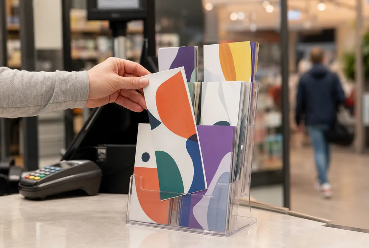 An acrylic leaflet display at the till and a customer's hand