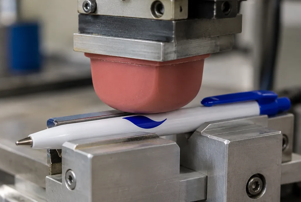 Tampon silicone d’une machine de tampographie appliquant un marquage une couleur sur un stylo plastique maintenu dans un gabarit