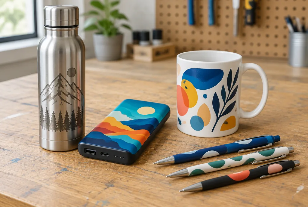 Objets marqués de différentes façons sur une table : gourde gravée, batterie externe imprimée UV, mug sérigraphié et stylos