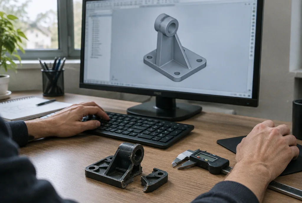 Designer's workstation with a 3D model of a bracket on the monitor, an old damaged part and callipers alongside