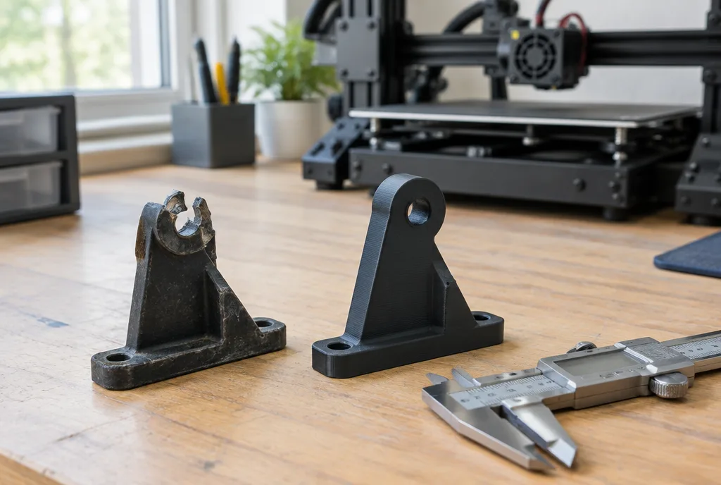 New 3D-printed part next to the original damaged part and callipers, a 3D printer in the background