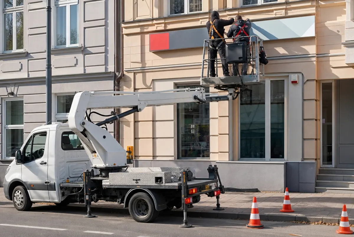 Installers in a cherry picker basket fitting a light box at first-floor level