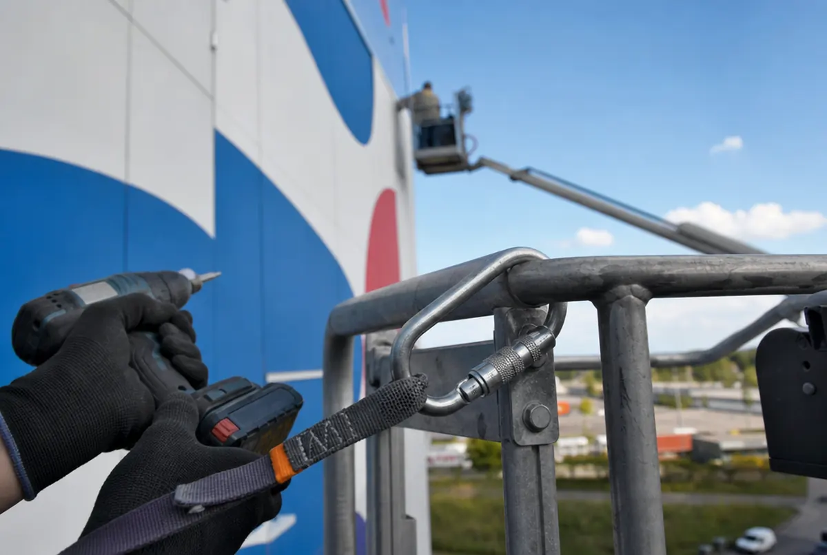 A harness and karabiner clipped to a lift basket
